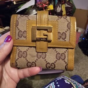 Gucci Beige Brown Monogram Wallet with Gold G Buckle
